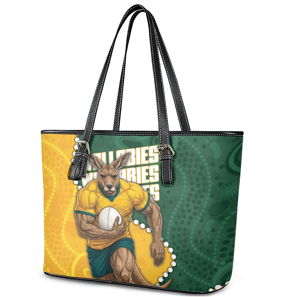 Australia Wallabies Rugby Mascot Leather Tote Bag Indigenous Dot Art Style - Muscular Kangaroo Graphic