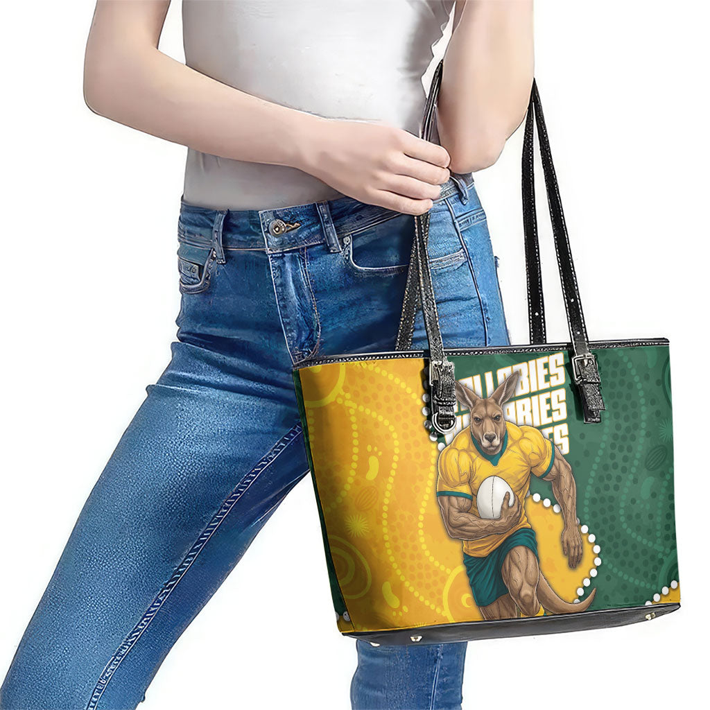 Australia Wallabies Rugby Mascot Leather Tote Bag Indigenous Dot Art Style - Muscular Kangaroo Graphic