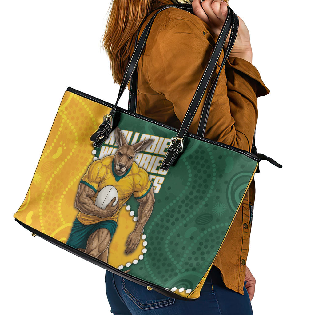 Australia Wallabies Rugby Mascot Leather Tote Bag Indigenous Dot Art Style - Muscular Kangaroo Graphic