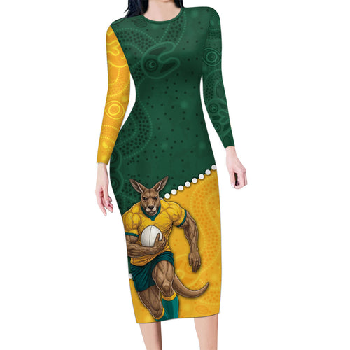 Australia Wallabies Rugby Mascot Long Sleeve Bodycon Dress Indigenous Dot Art Style - Muscular Kangaroo Graphic