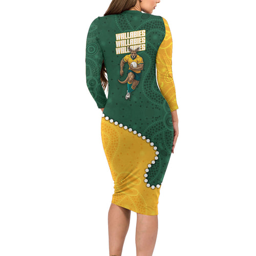 Australia Wallabies Rugby Mascot Long Sleeve Bodycon Dress Indigenous Dot Art Style - Muscular Kangaroo Graphic