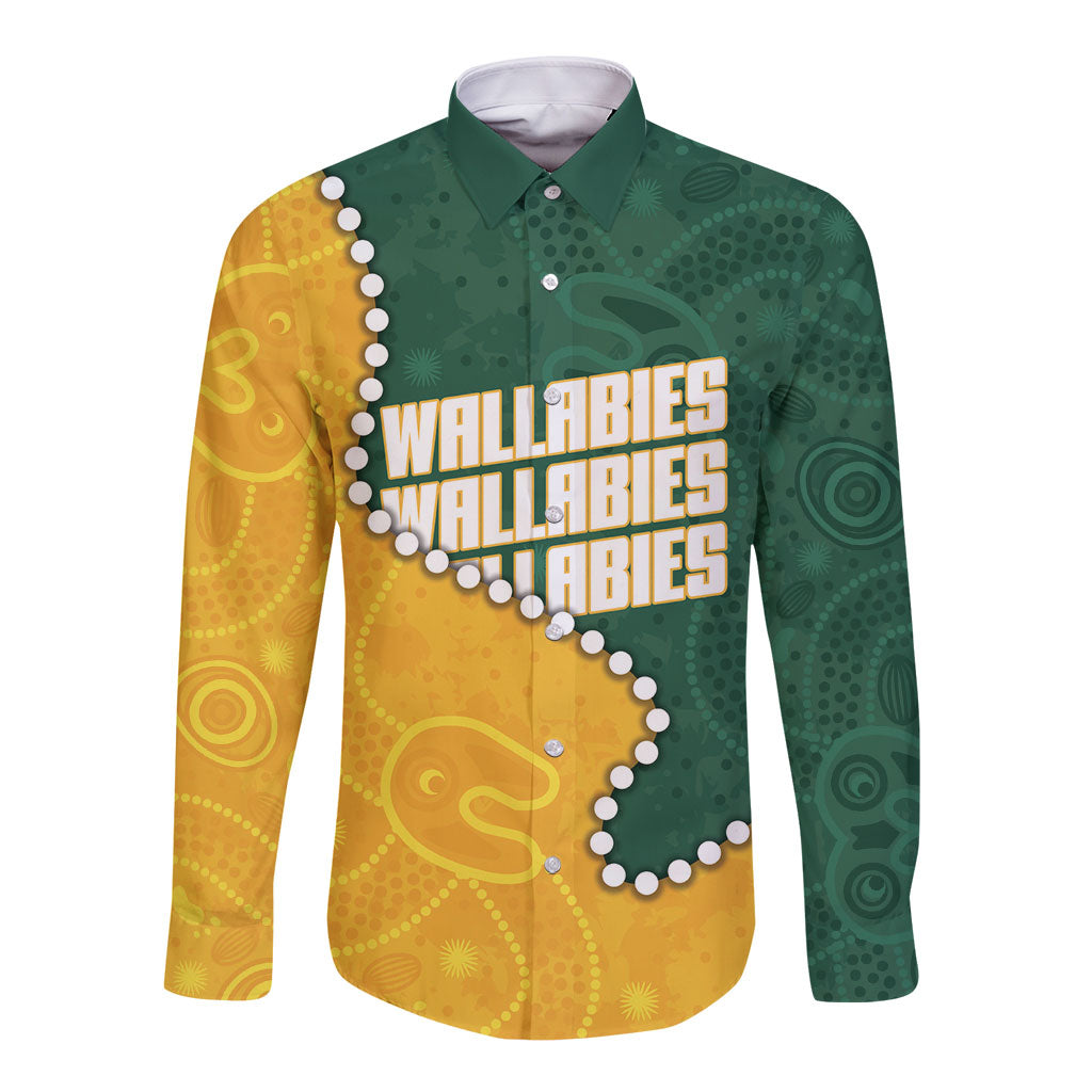 Australia Wallabies Rugby Mascot Long Sleeve Button Shirt Indigenous Dot Art Style - Muscular Kangaroo Graphic