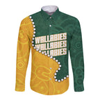 Australia Wallabies Rugby Mascot Long Sleeve Button Shirt Indigenous Dot Art Style - Muscular Kangaroo Graphic