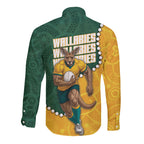 Australia Wallabies Rugby Mascot Long Sleeve Button Shirt Indigenous Dot Art Style - Muscular Kangaroo Graphic