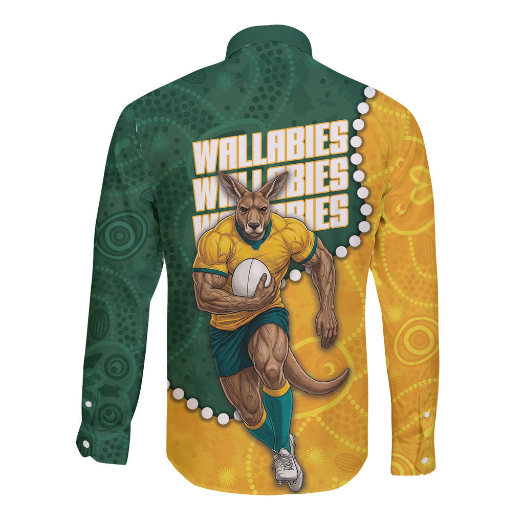 Australia Wallabies Rugby Mascot Long Sleeve Button Shirt Indigenous Dot Art Style - Muscular Kangaroo Graphic