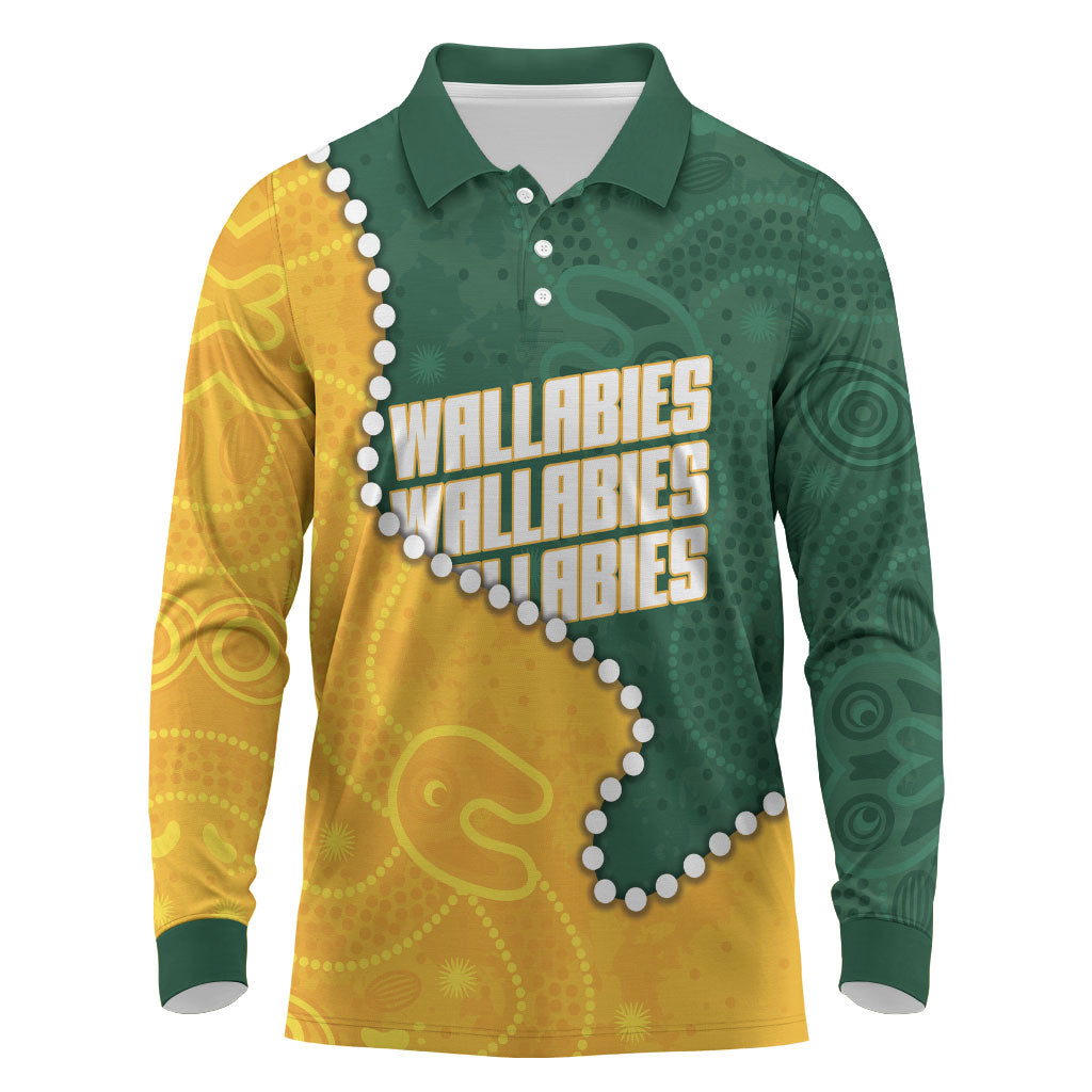 Australia Wallabies Rugby Mascot Long Sleeve Polo Shirt Indigenous Dot Art Style - Muscular Kangaroo Graphic