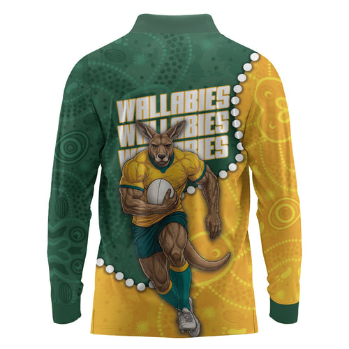 Australia Wallabies Rugby Mascot Long Sleeve Polo Shirt Indigenous Dot Art Style - Muscular Kangaroo Graphic