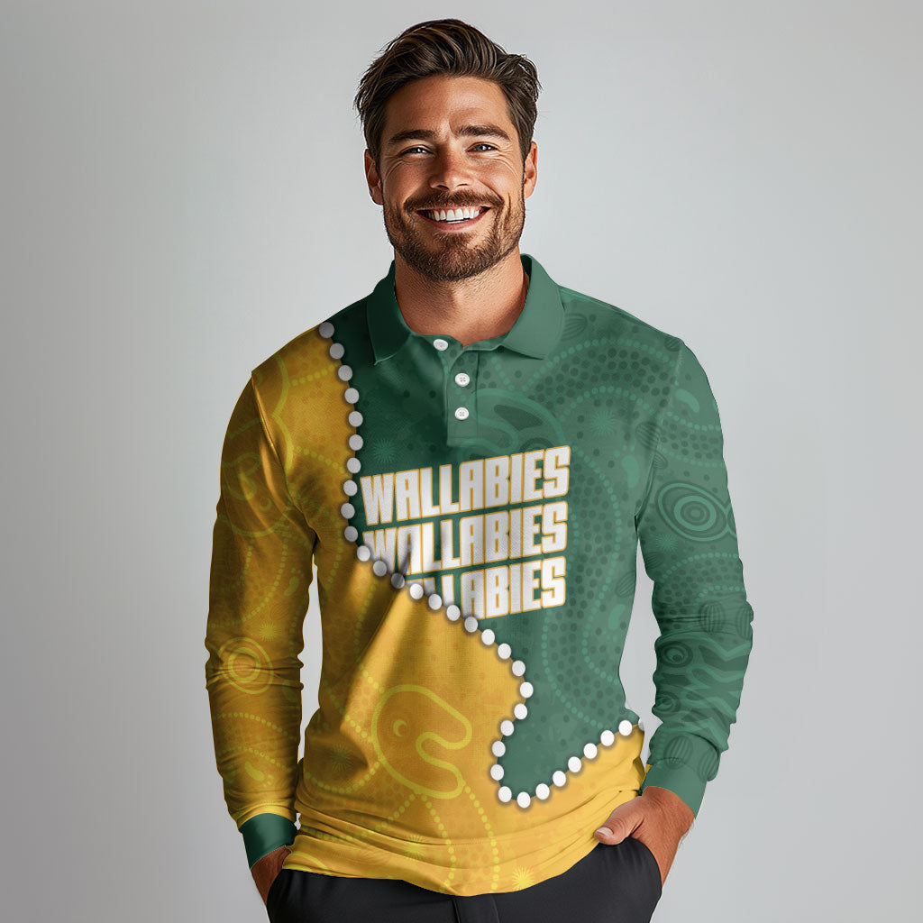 Australia Wallabies Rugby Mascot Long Sleeve Polo Shirt Indigenous Dot Art Style - Muscular Kangaroo Graphic