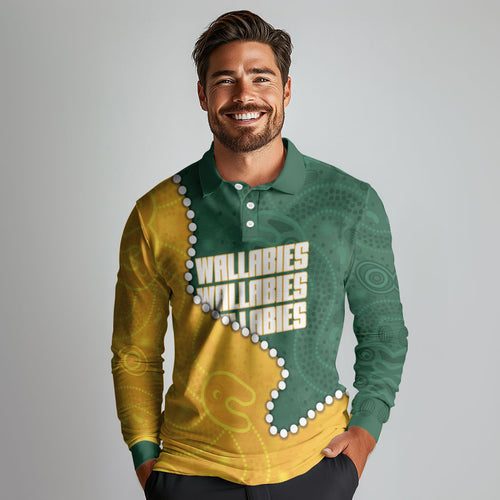 Australia Wallabies Rugby Mascot Long Sleeve Polo Shirt Indigenous Dot Art Style - Muscular Kangaroo Graphic