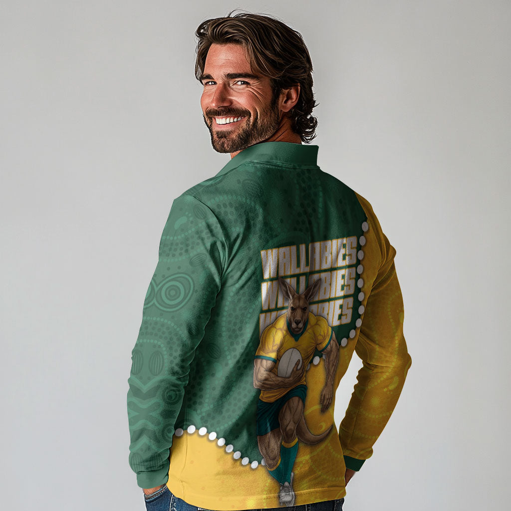 Australia Wallabies Rugby Mascot Long Sleeve Polo Shirt Indigenous Dot Art Style - Muscular Kangaroo Graphic