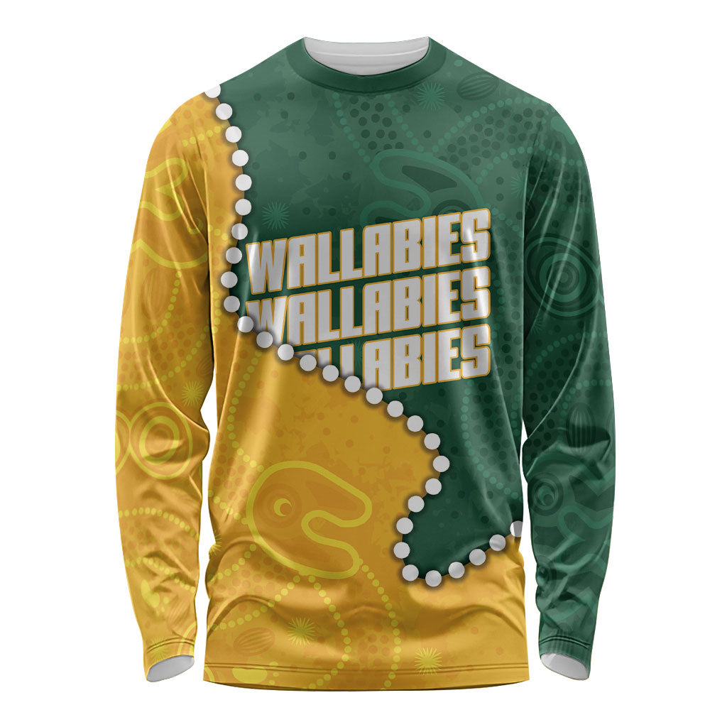 Australia Wallabies Rugby Mascot Long Sleeve Shirt Indigenous Dot Art Style - Muscular Kangaroo Graphic