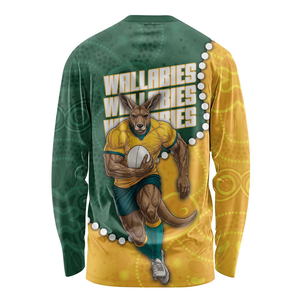Australia Wallabies Rugby Mascot Long Sleeve Shirt Indigenous Dot Art Style - Muscular Kangaroo Graphic