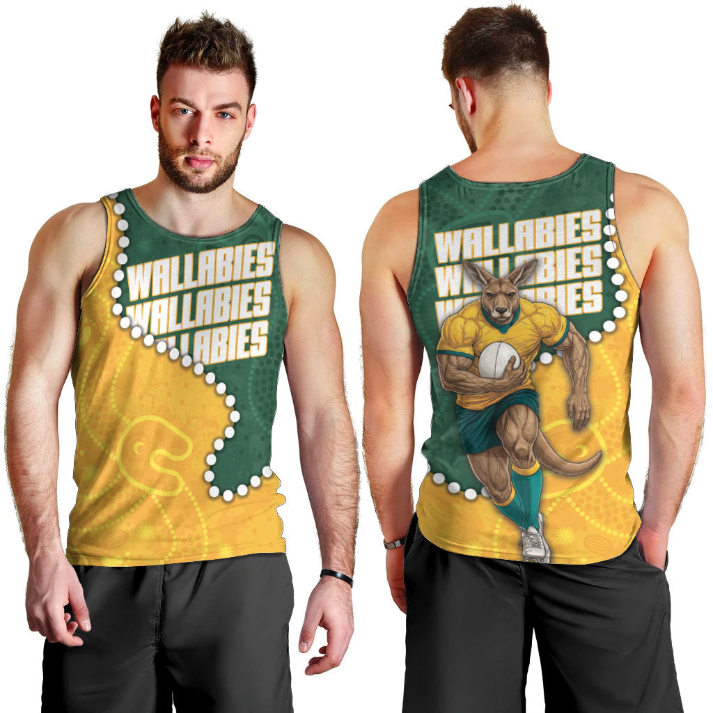 Australia Wallabies Rugby Mascot Men Tank Top Indigenous Dot Art Style - Muscular Kangaroo Graphic