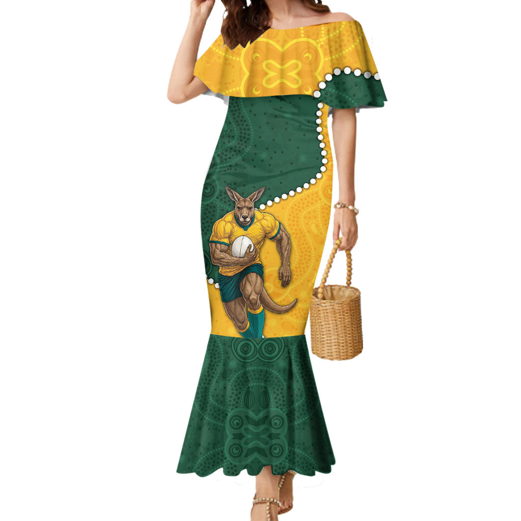 Australia Wallabies Rugby Mascot Mermaid Dress Indigenous Dot Art Style - Muscular Kangaroo Graphic