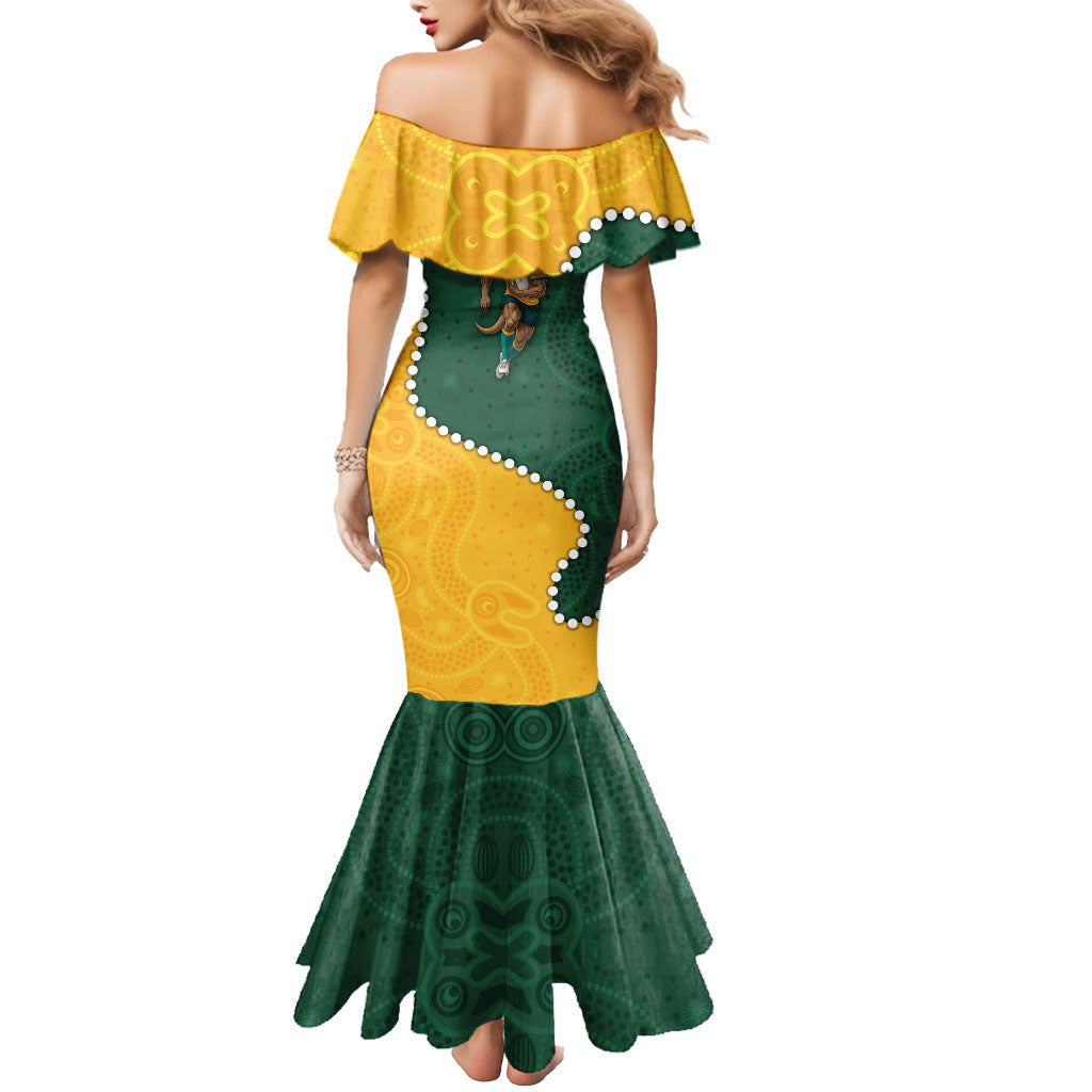 Australia Wallabies Rugby Mascot Mermaid Dress Indigenous Dot Art Style - Muscular Kangaroo Graphic