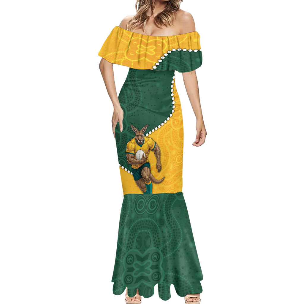 Australia Wallabies Rugby Mascot Mermaid Dress Indigenous Dot Art Style - Muscular Kangaroo Graphic