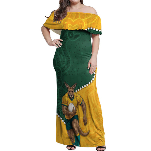 Australia Wallabies Rugby Mascot Off Shoulder Maxi Dress Indigenous Dot Art Style - Muscular Kangaroo Graphic