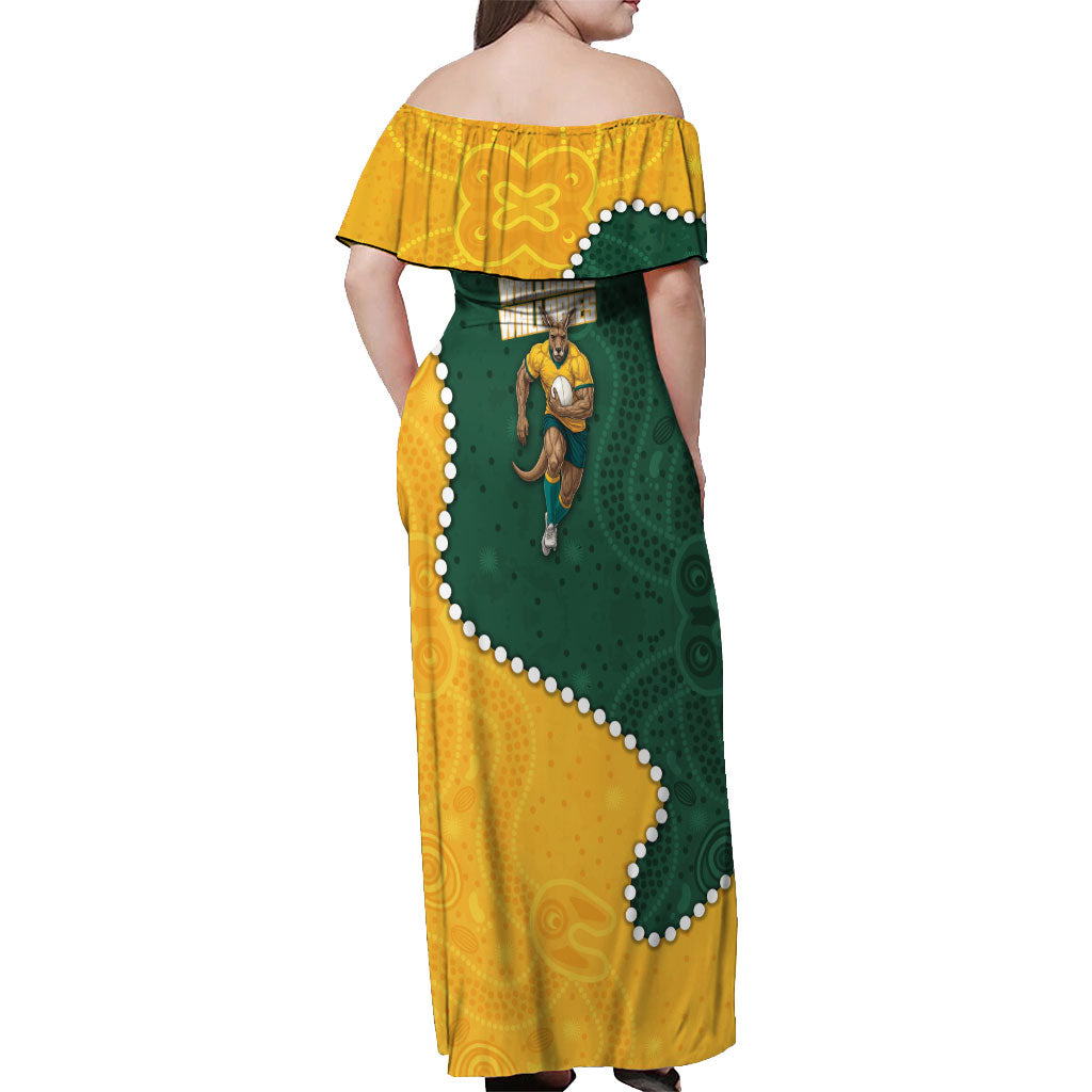 Australia Wallabies Rugby Mascot Off Shoulder Maxi Dress Indigenous Dot Art Style - Muscular Kangaroo Graphic