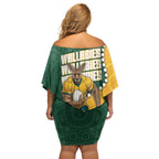 Australia Wallabies Rugby Mascot Off Shoulder Short Dress Indigenous Dot Art Style - Muscular Kangaroo Graphic