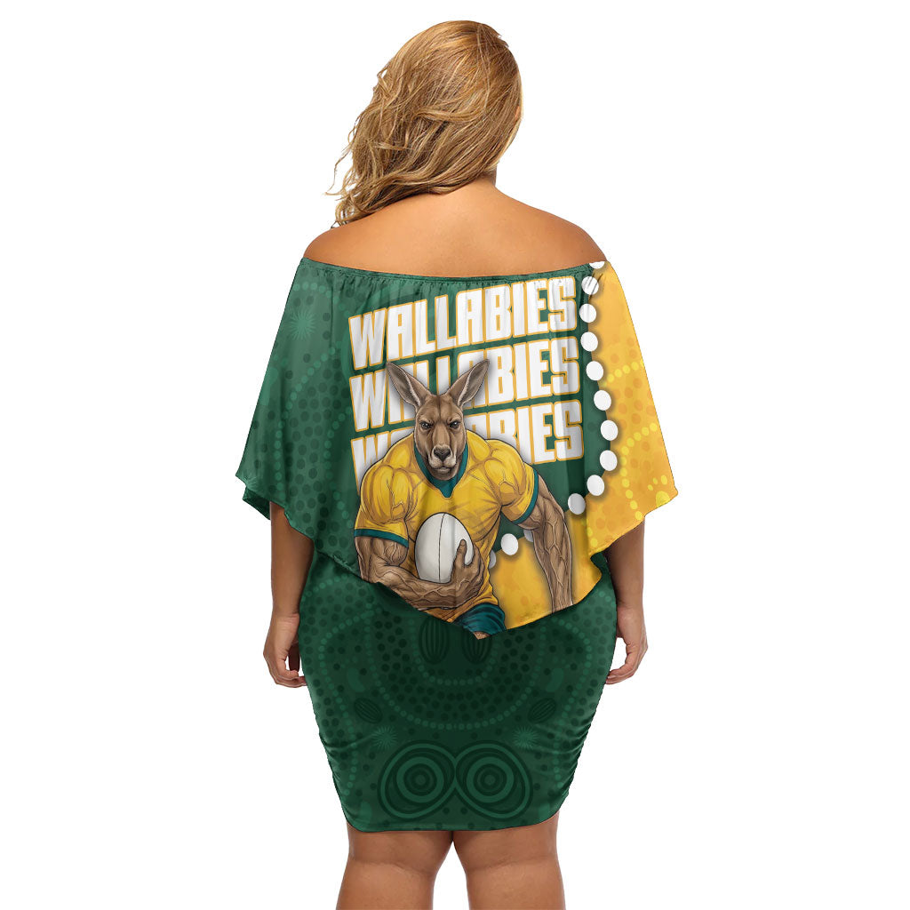 Australia Wallabies Rugby Mascot Off Shoulder Short Dress Indigenous Dot Art Style - Muscular Kangaroo Graphic