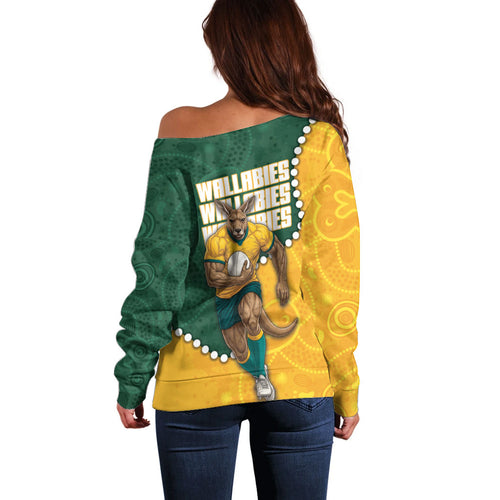 Australia Wallabies Rugby Mascot Off Shoulder Sweater Indigenous Dot Art Style - Muscular Kangaroo Graphic