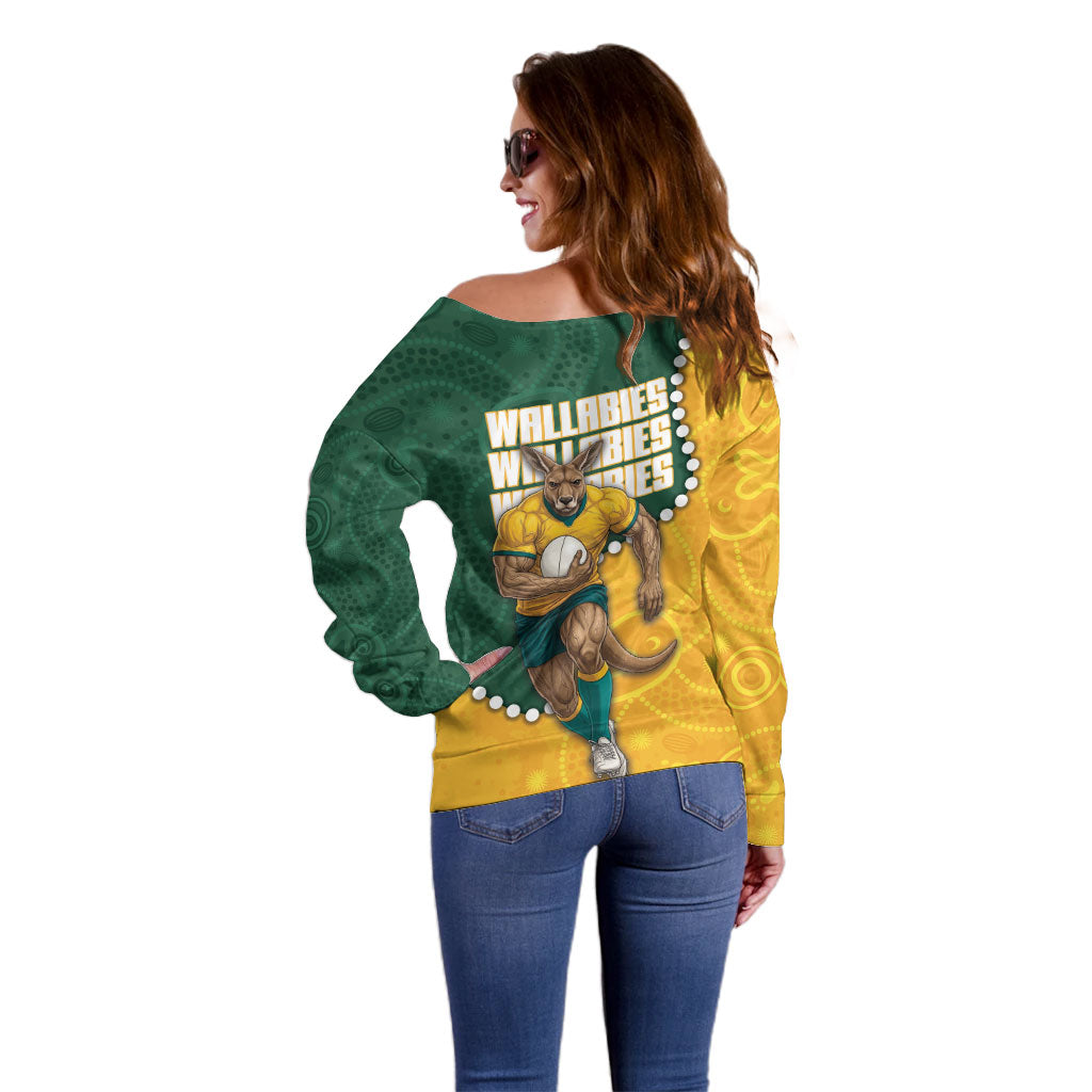 Australia Wallabies Rugby Mascot Off Shoulder Sweater Indigenous Dot Art Style - Muscular Kangaroo Graphic