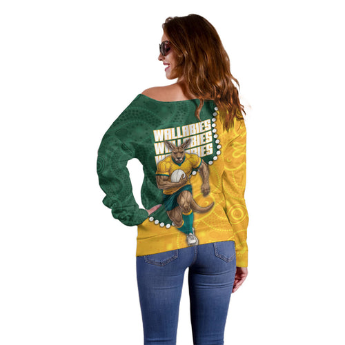 Australia Wallabies Rugby Mascot Off Shoulder Sweater Indigenous Dot Art Style - Muscular Kangaroo Graphic