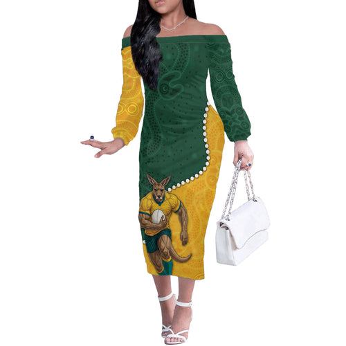 Australia Wallabies Rugby Mascot Off The Shoulder Long Sleeve Dress Indigenous Dot Art Style - Muscular Kangaroo Graphic