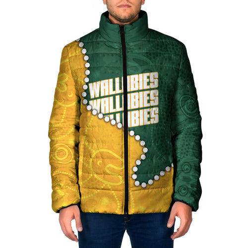 Australia Wallabies Rugby Mascot Padded Jacket Indigenous Dot Art Style - Muscular Kangaroo Graphic