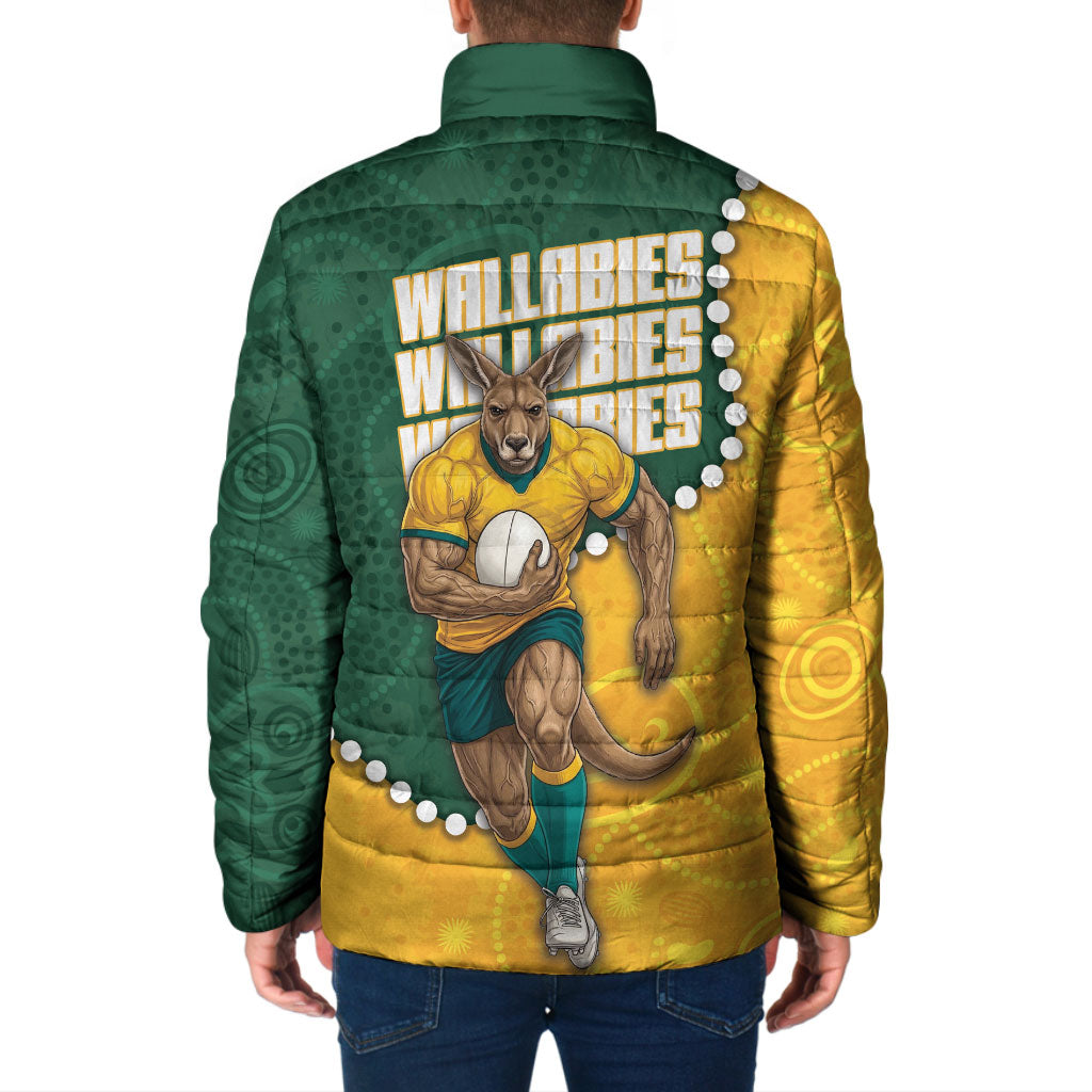 Australia Wallabies Rugby Mascot Padded Jacket Indigenous Dot Art Style - Muscular Kangaroo Graphic
