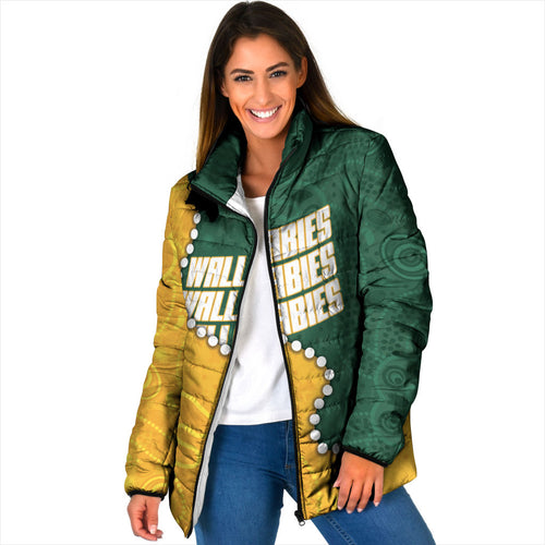 Australia Wallabies Rugby Mascot Padded Jacket Indigenous Dot Art Style - Muscular Kangaroo Graphic