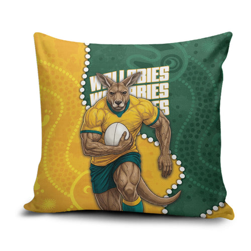 Australia Wallabies Rugby Mascot Pillow Cover Indigenous Dot Art Style - Muscular Kangaroo Graphic
