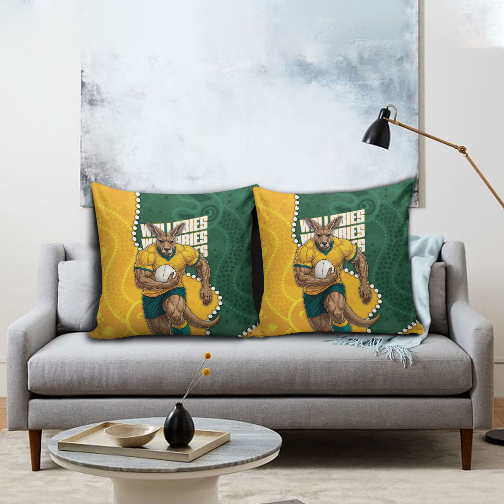 Australia Wallabies Rugby Mascot Pillow Cover Indigenous Dot Art Style - Muscular Kangaroo Graphic