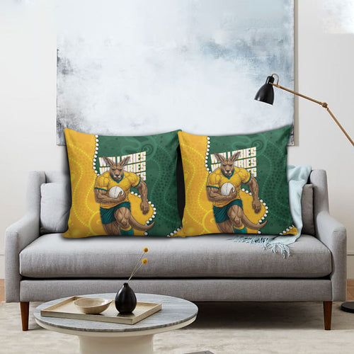 Australia Wallabies Rugby Mascot Pillow Cover Indigenous Dot Art Style - Muscular Kangaroo Graphic