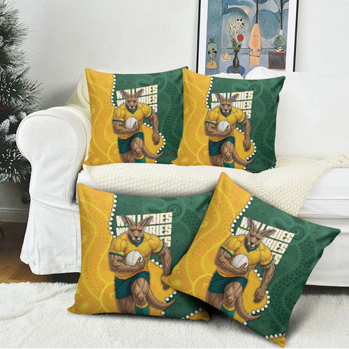 Australia Wallabies Rugby Mascot Pillow Cover Indigenous Dot Art Style - Muscular Kangaroo Graphic