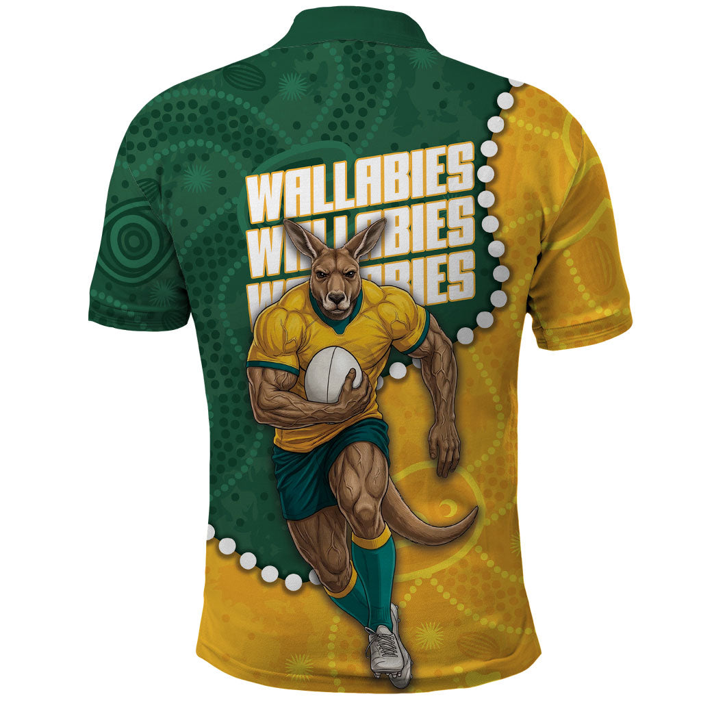 Australia Wallabies Rugby Mascot Polo Shirt Indigenous Dot Art Style - Muscular Kangaroo Graphic