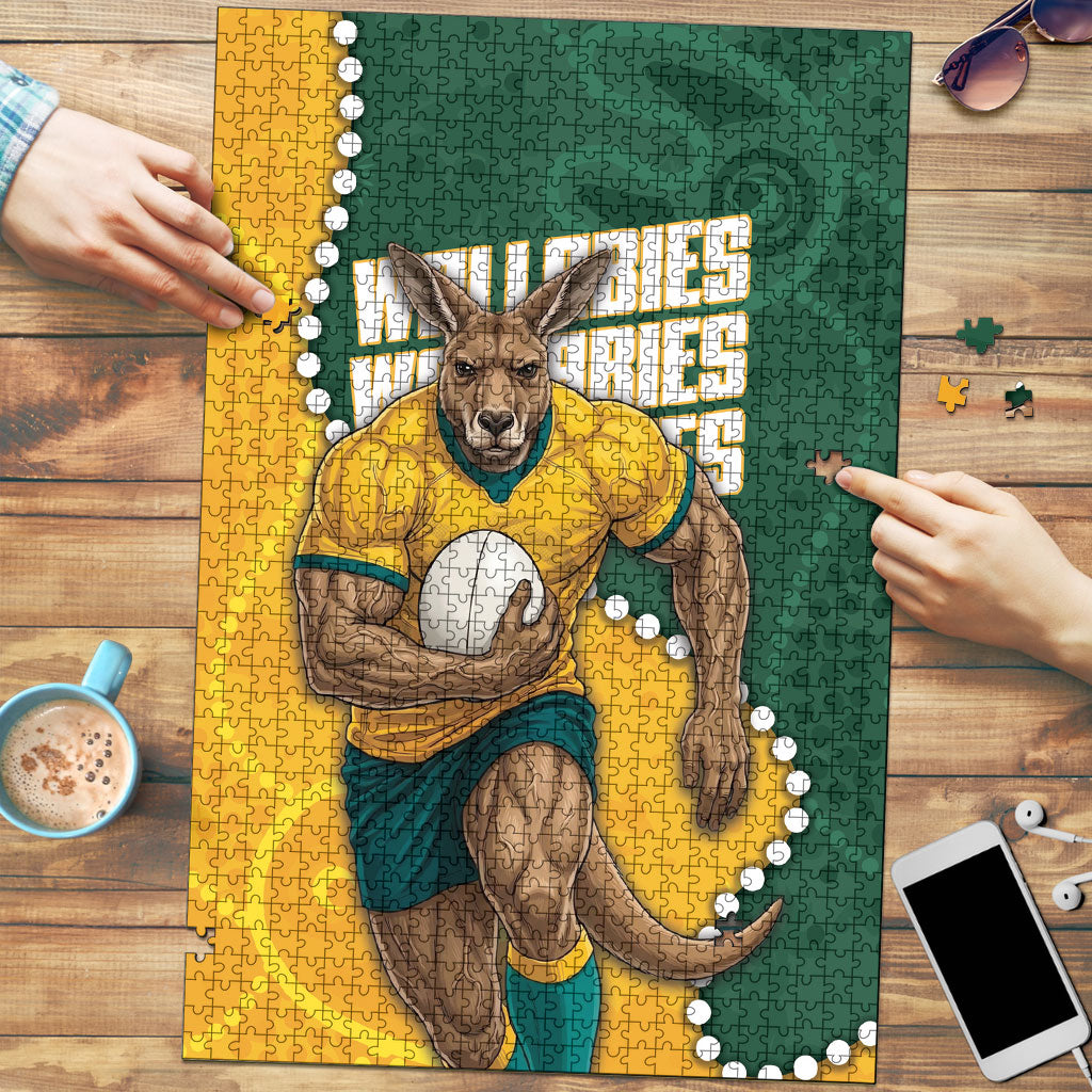 Australia Wallabies Rugby Mascot Puzzle Indigenous Dot Art Style - Muscular Kangaroo Graphic