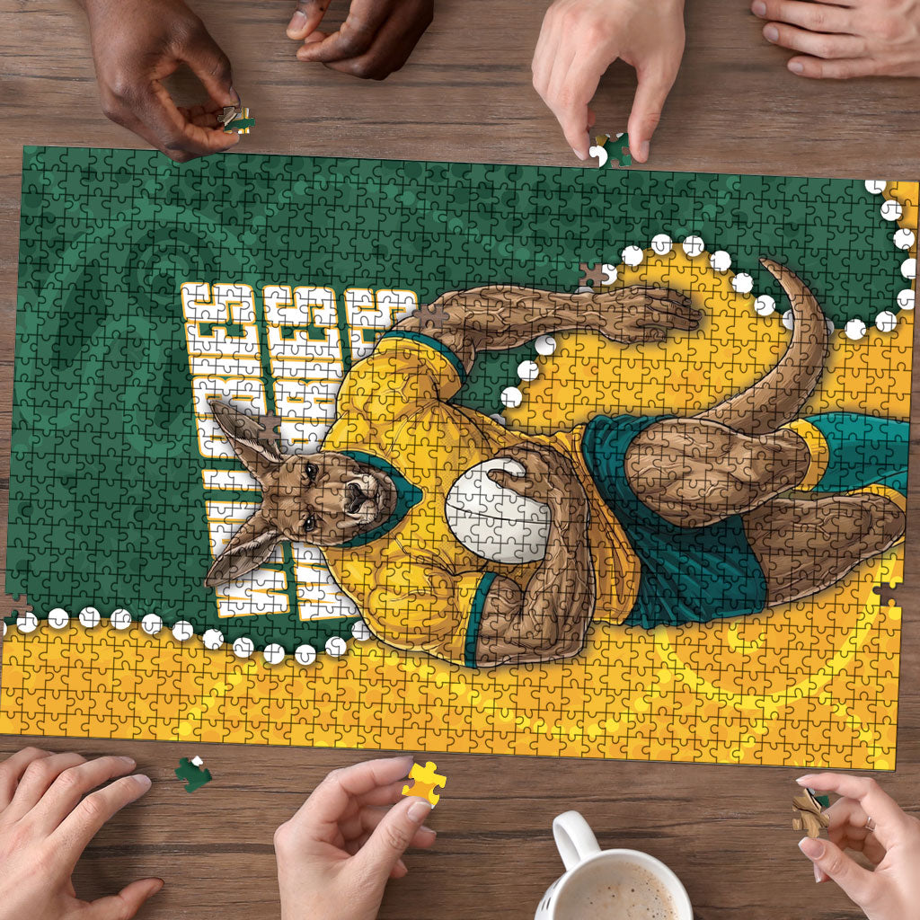 Australia Wallabies Rugby Mascot Puzzle Indigenous Dot Art Style - Muscular Kangaroo Graphic