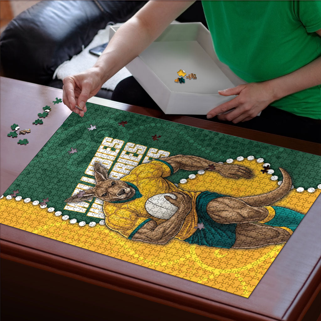 Australia Wallabies Rugby Mascot Puzzle Indigenous Dot Art Style - Muscular Kangaroo Graphic