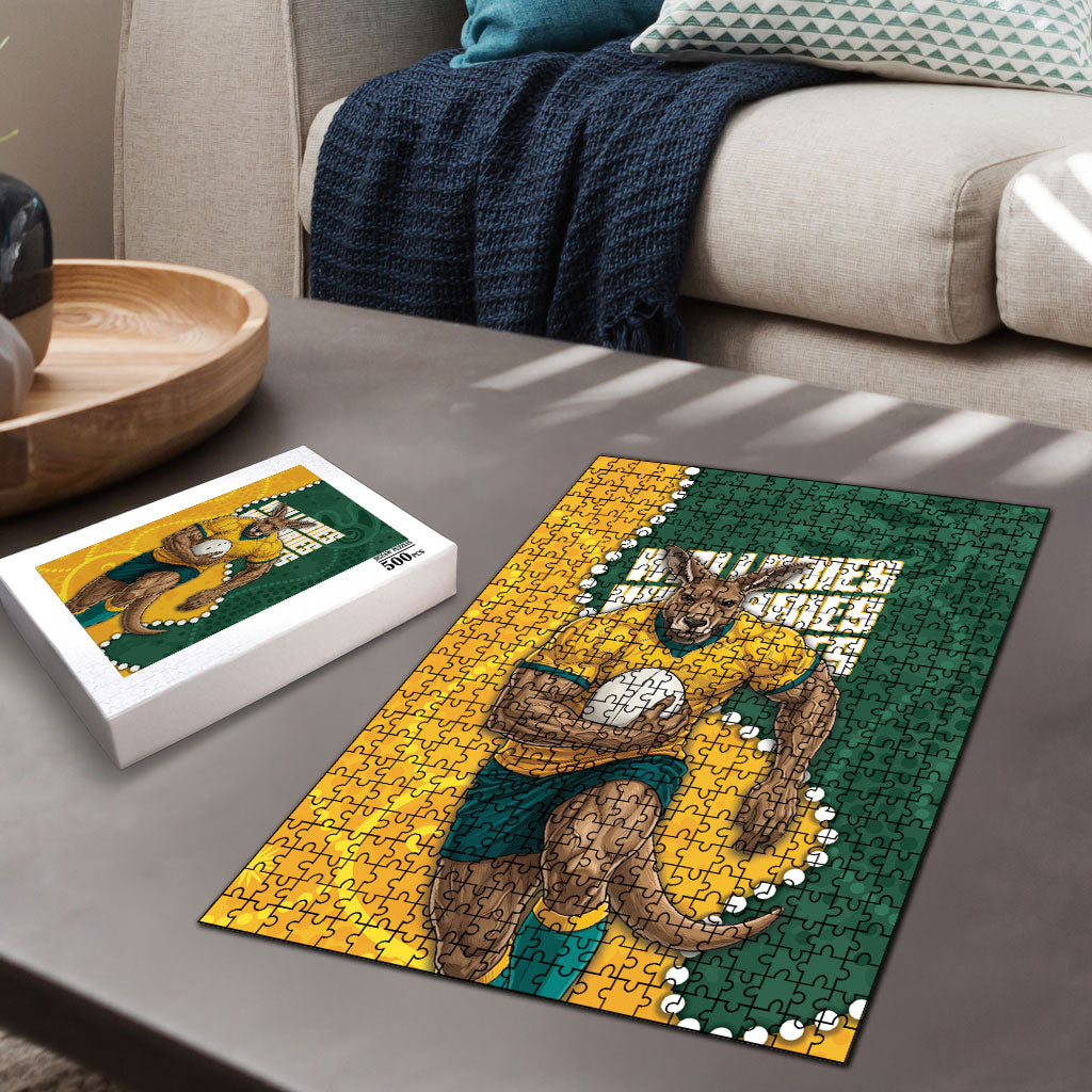 Australia Wallabies Rugby Mascot Puzzle Indigenous Dot Art Style - Muscular Kangaroo Graphic