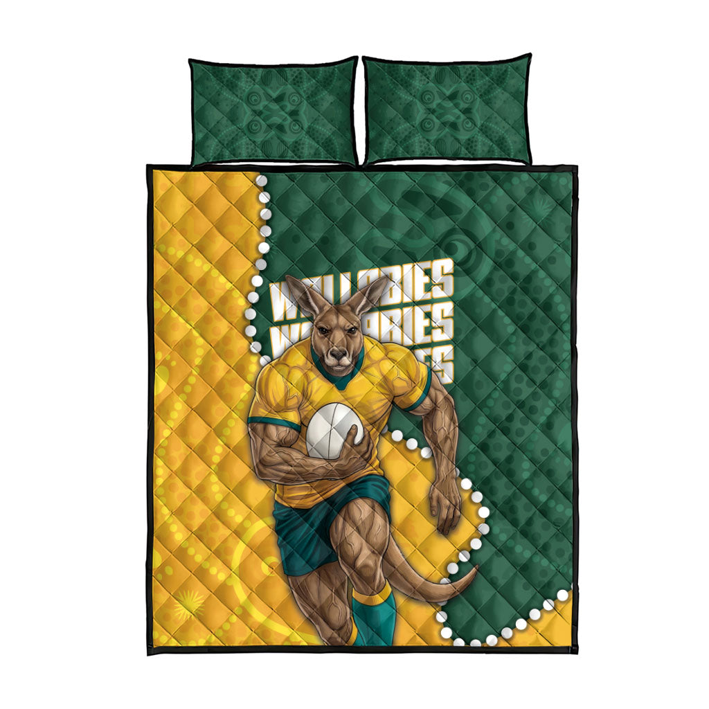 Australia Wallabies Rugby Mascot Quilt Bed Set Indigenous Dot Art Style - Muscular Kangaroo Graphic