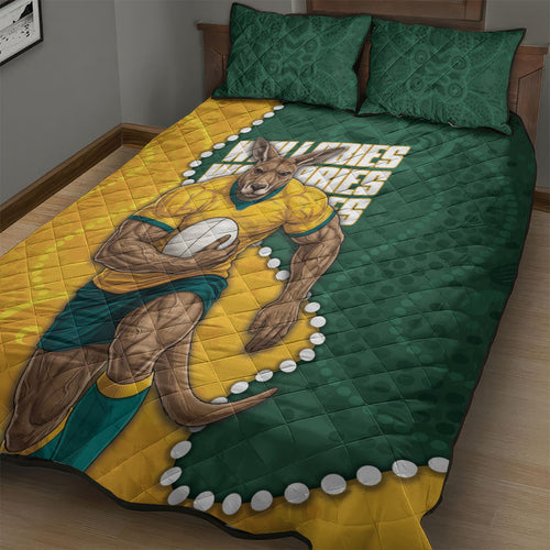 Australia Wallabies Rugby Mascot Quilt Bed Set Indigenous Dot Art Style - Muscular Kangaroo Graphic