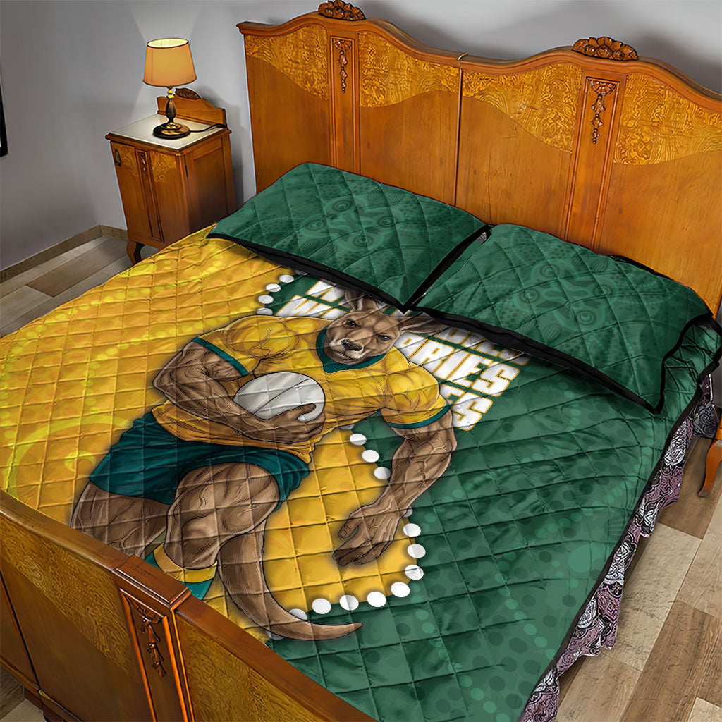 Australia Wallabies Rugby Mascot Quilt Bed Set Indigenous Dot Art Style - Muscular Kangaroo Graphic