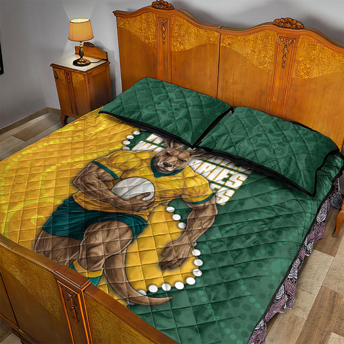 Australia Wallabies Rugby Mascot Quilt Bed Set Indigenous Dot Art Style - Muscular Kangaroo Graphic
