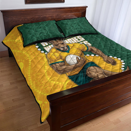 Australia Wallabies Rugby Mascot Quilt Bed Set Indigenous Dot Art Style - Muscular Kangaroo Graphic