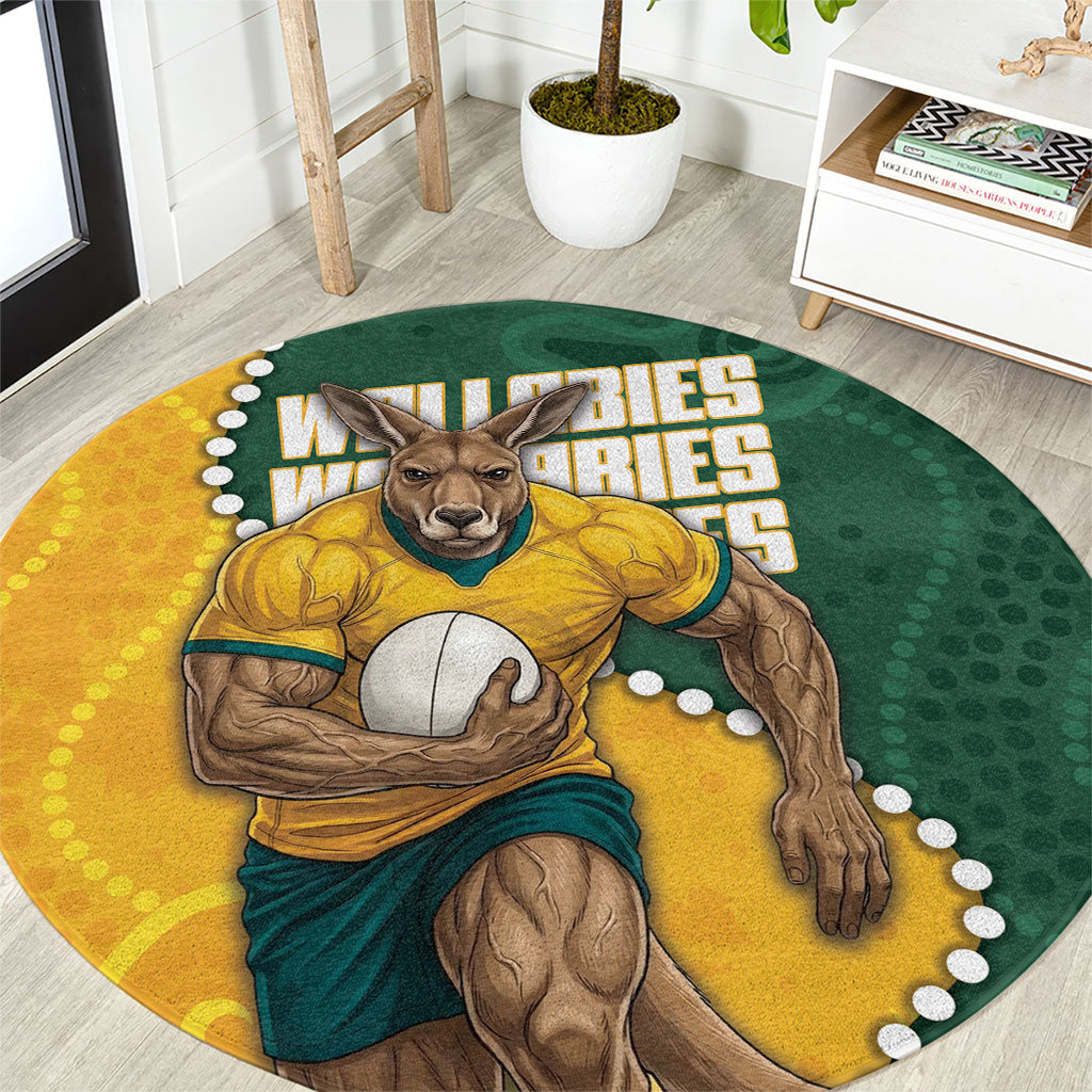 Australia Wallabies Rugby Mascot Round Carpet Indigenous Dot Art Style - Muscular Kangaroo Graphic