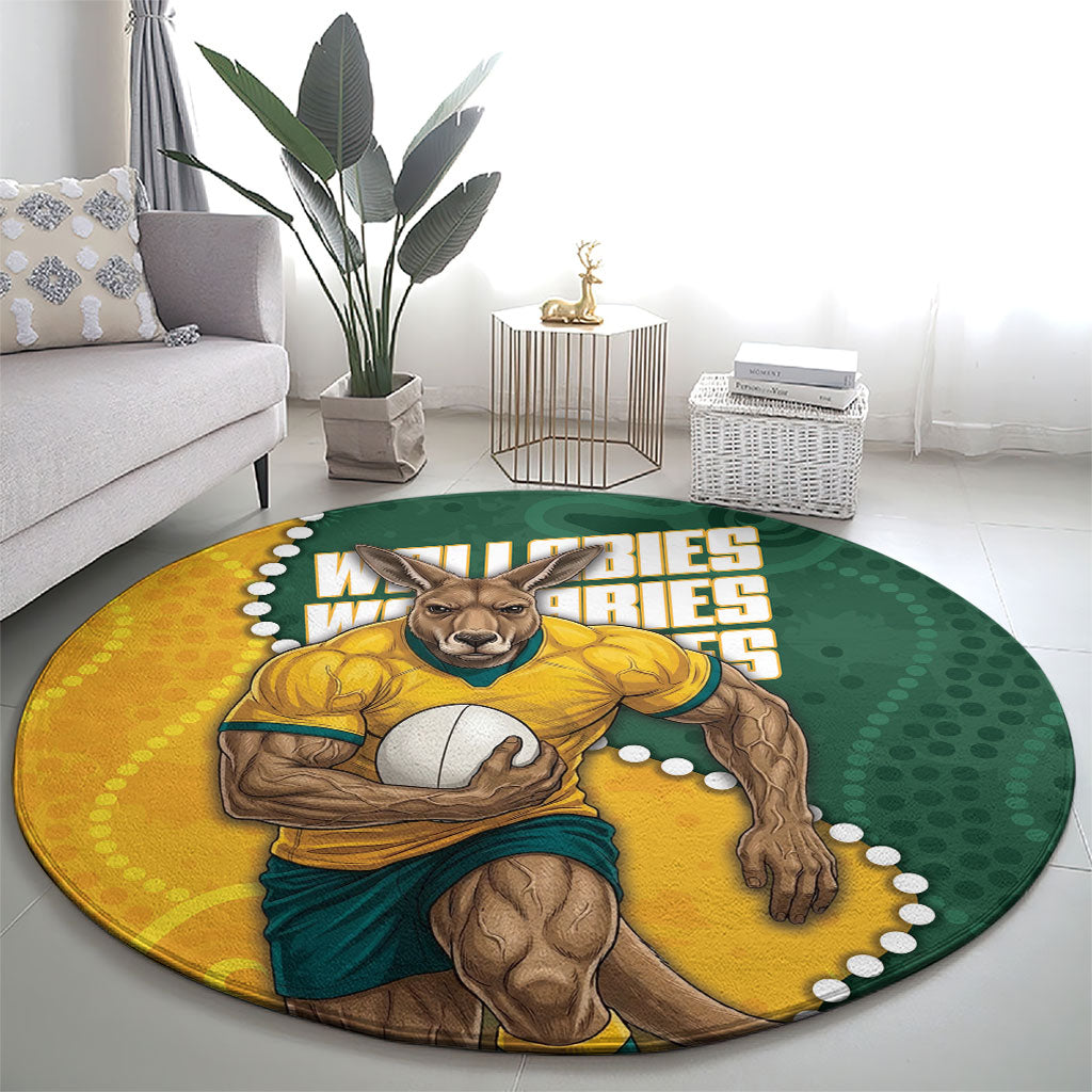 Australia Wallabies Rugby Mascot Round Carpet Indigenous Dot Art Style - Muscular Kangaroo Graphic
