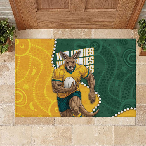 Australia Wallabies Rugby Mascot Rubber Doormat Indigenous Dot Art Style - Muscular Kangaroo Graphic