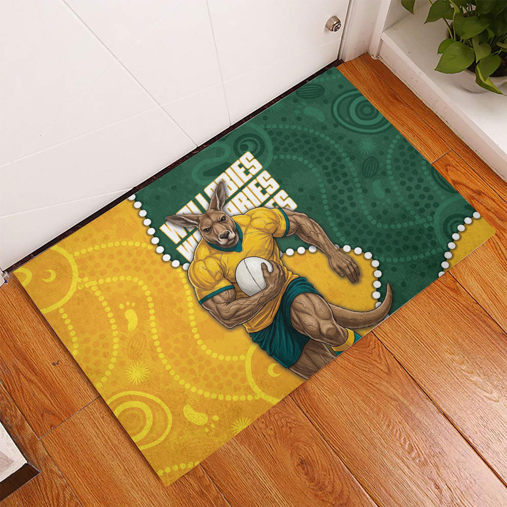 Australia Wallabies Rugby Mascot Rubber Doormat Indigenous Dot Art Style - Muscular Kangaroo Graphic