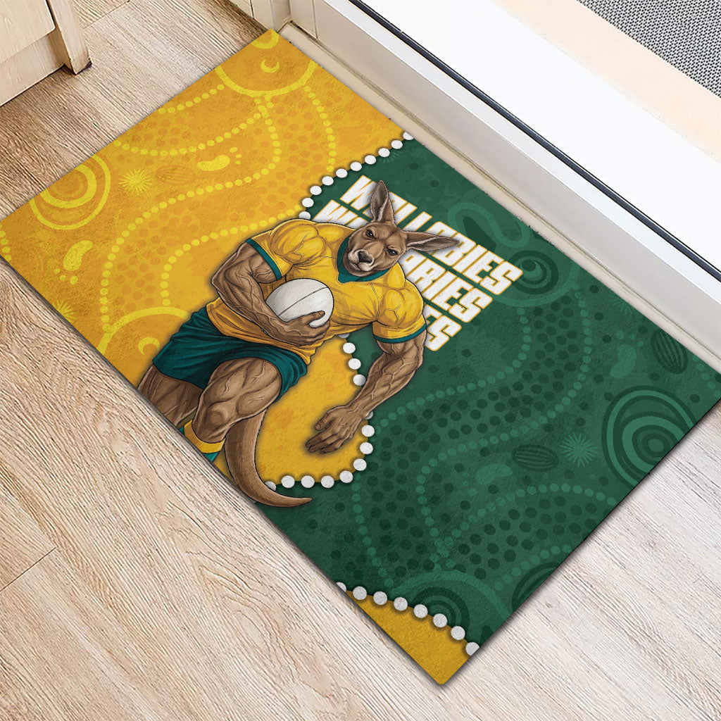 Australia Wallabies Rugby Mascot Rubber Doormat Indigenous Dot Art Style - Muscular Kangaroo Graphic